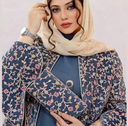 کیف مجلسی زنانه مدل پیچک طلایی آبی دودی